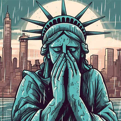 Tears of Liberty , cartoon illustration of Statue of liberty crying with her hands covering her ...