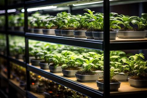 Premium AI Image | Shelved Indoor Farm Utilizing LED Light for Plants