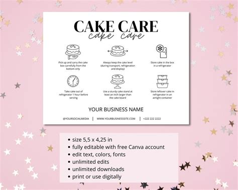 Minimalist Cake Care Card Template Cake Care Instructions - Etsy