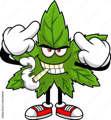 Angry Marijuana Leaf Cartoon Character With A Joint Showing Middle Finger. Hand Drawn ...