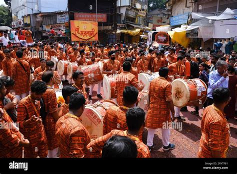 Pune, India - September 29, 2023, Ganesh immersion procession, Dhol ...