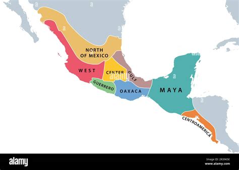 Mesoamerica and its cultural areas map. Historical region from southern part of North America to ...