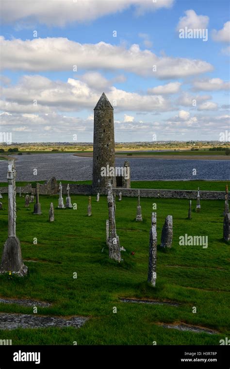 Stone round tower high cross crosses Clonmacnoise Monastery monastic settlement Offaly RM ...