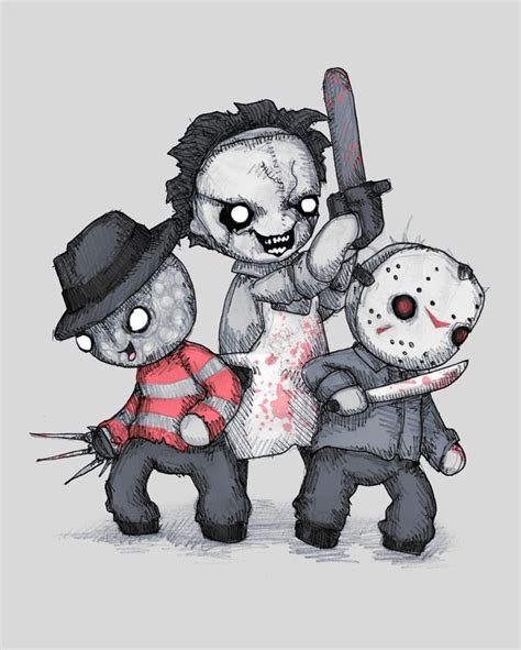 three cartoon characters with one holding a baseball bat and the other wearing a zombie mask