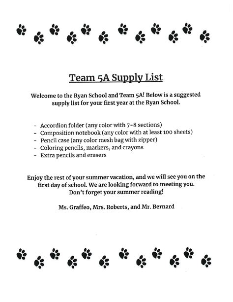 2023-2024 School Supply Lists - John F. Ryan Elementary