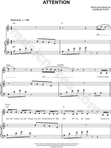 Charlie Puth "Attention" Sheet Music in A Minor (transposable ...