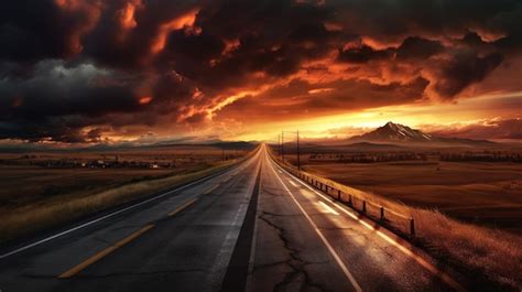 Premium AI Image | A road with a sunset and mountains in the background