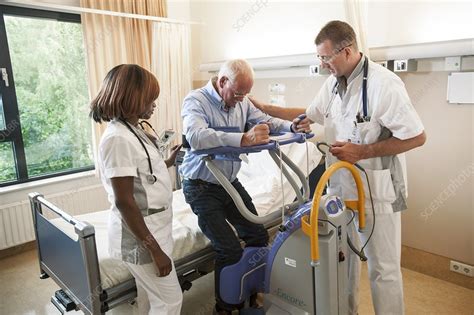 Nurses helping a patient out of bed - Stock Image - F006/8905 - Science Photo Library