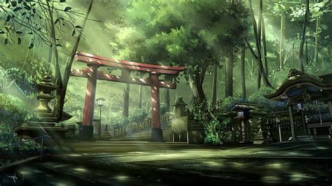 Free download | HD wallpaper: anime landscape torii sun rays forest asian architecture steps ...