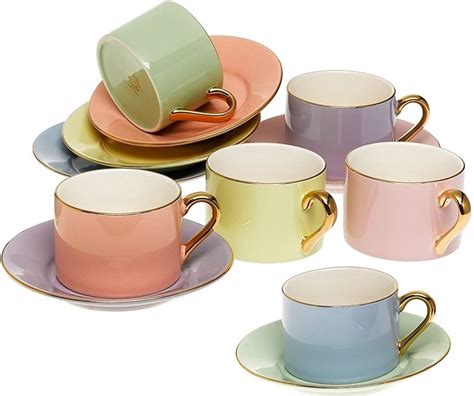 Yedi Houseware Classic Coffee and Tea Solid Teacups and Saucers, Assorted Pastel/Gold, Set of 6 ...