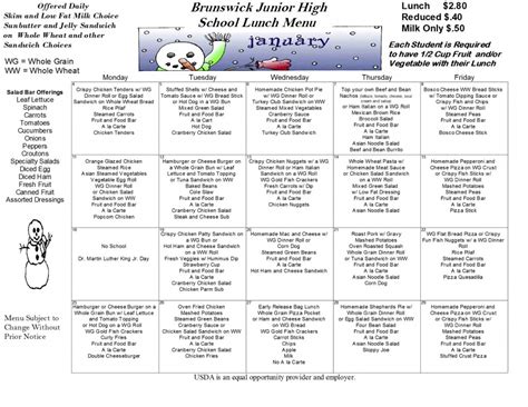 January 2016 BJHS Lunch Menu - Brunswick Junior High School