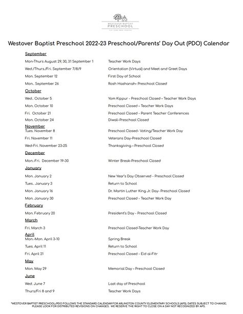 Westover Baptist Church - Arlington, VA - Preschool Calendar