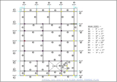 Beam framing plan for first to third floor with size of structure view for office area dwg file ...