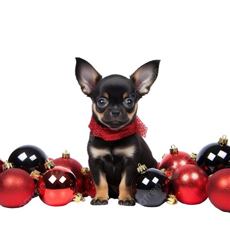 Black With Red Spots Chihuahua Puppy Sits Next To The Christmas Tree ...