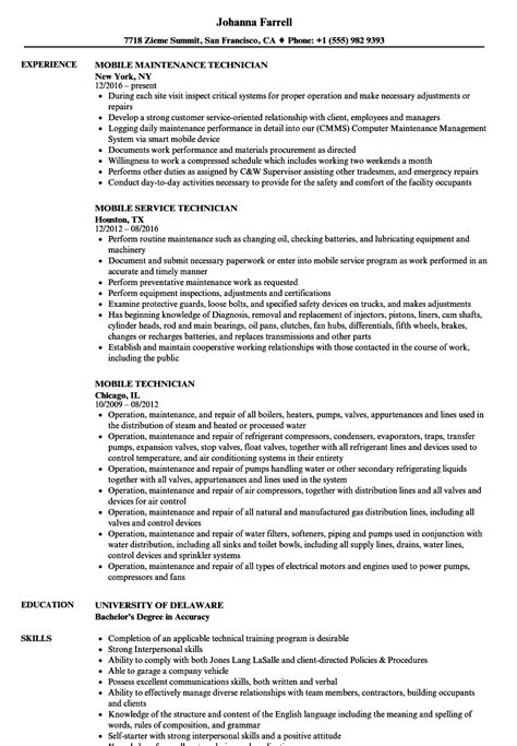 Mobile Technician Resume Samples | Velvet Jobs