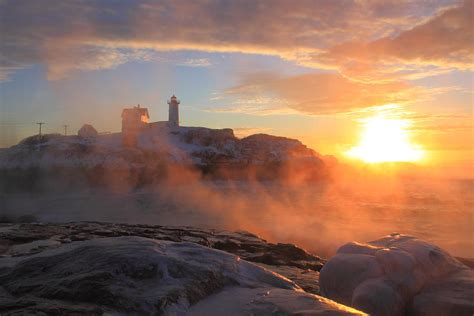 Nubble Lighthouse Sea Smoke Sunrise Photograph by John Burk - Fine Art America