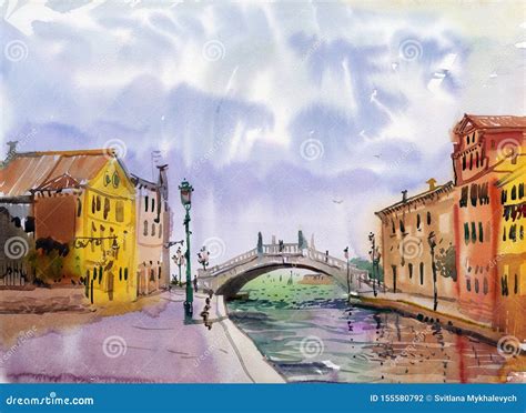 Watercolor Painting of Venetian Bridge Stock Illustration - Illustration of historical, city ...