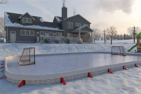 an ice rink in front of a large house with a slide and play equipment on it