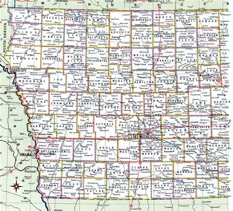 Free map of Iowa showing county with cities and road highways