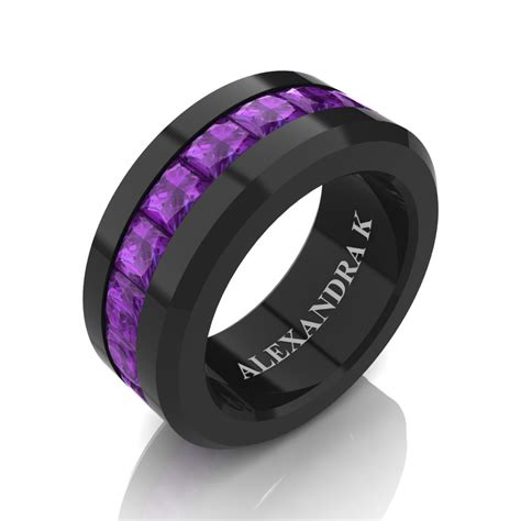 Mens Modern 14K Black Gold Princess Amethyst Channel Cluster Wedding Ring A1000M-14KBGAM | Art ...