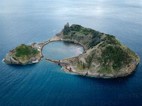 Aerial view of Islet of Vila Franca do Campo crater submerged volcano ...