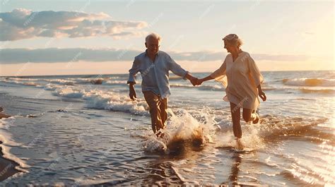 Premium Photo | An old couple holding hands and walking on the beach