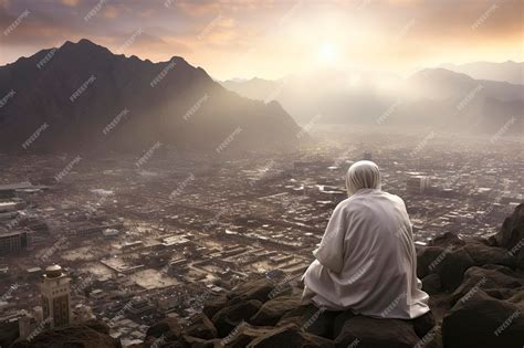 Premium Photo | Hajj pilgrim praying in padang Arafah with mountains