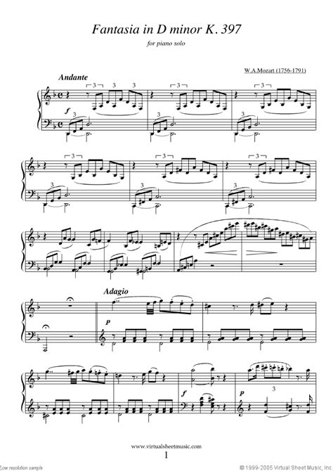 Mozart - Fantasia in D minor K397 sheet music for piano solo Piano Sheet Music Classical, Violin ...