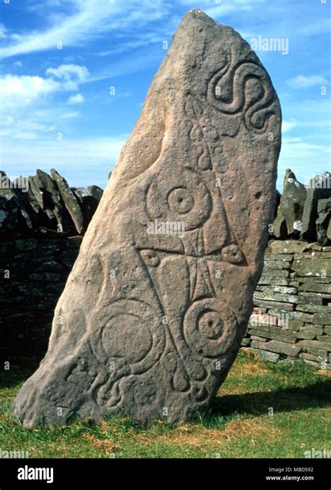 Pictish. Standing stone inscribed with Pictish symbols on the roadside near Aberlemno, Scotland ...