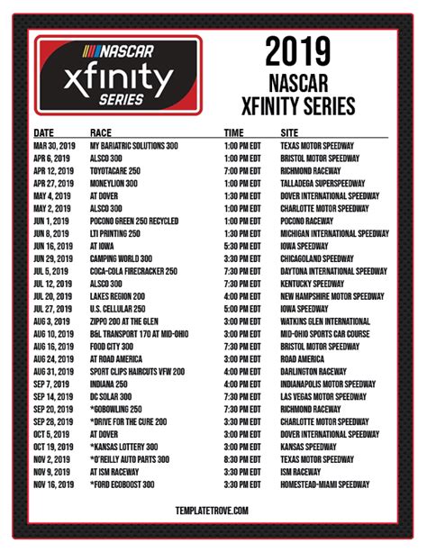 Printable 2019 NASCAR Schedule