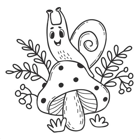 Cute Snail On Mushroom Toadstool, Snail Drawing, Mushroom Drawing, Snail Sketch PNG and Vector ...