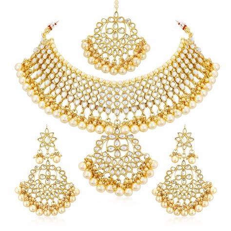 Gold Plated Kundan Pearl Fancy Choker Necklace Set Traditional Jewelry Set with Earrings for ...