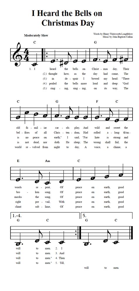 I Heard the Bells on Christmas Day: Beginner Sheet Music with Chords and Lyrics