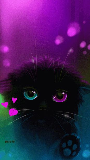 a black cat with blue eyes and pink hearts