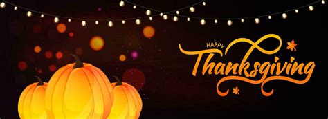 Happy Thanksgiving header or banner design with pumpkins and lighting ...