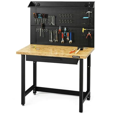 Gymax 48 Inch Workcenter Bamboo Top Garage Workbench w/Pegboard and ...