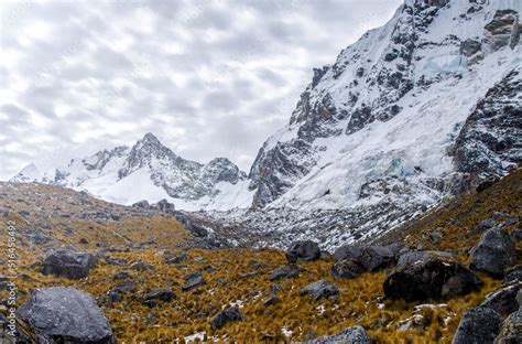 View of mount Salcantay with glacier and clouds - Salcantay trek ...