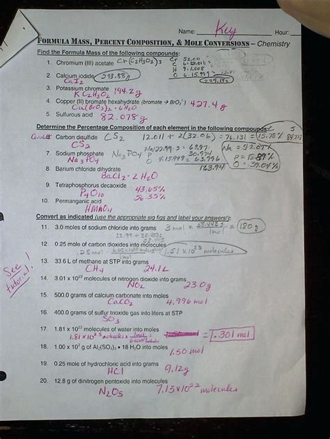 the mole worksheet chemistry answers