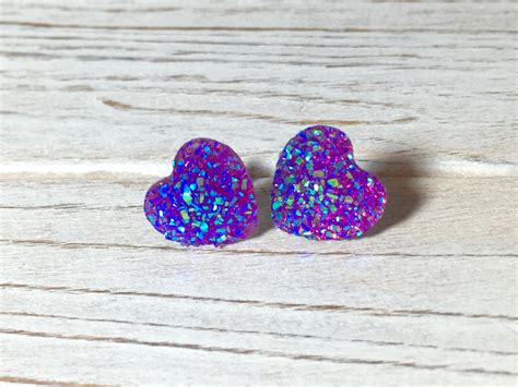 Purple Heart Earrings, Valentine's Earrings, Faux Purple Druzy Heart Studs, Sparkly Earrings ...