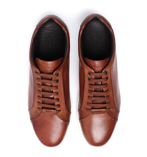 BOSS Medium Brown Tribute Tennis Leather Trainers for Men - Lyst