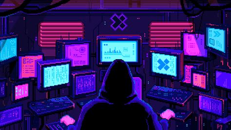 a person standing in front of computer screens with neon colored lights on the wall behind them