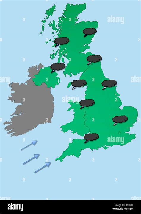 UK Weather forecast map showing rain clouds and south westerly wind. Britain Stock Photo - Alamy