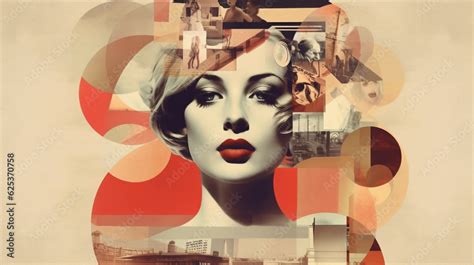 Modernist collage of a 1950s woman's face in black and white with abstract shapes and cropped ...