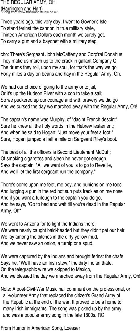 Irish Music, Song and Ballad Lyrics for: The Regular Army