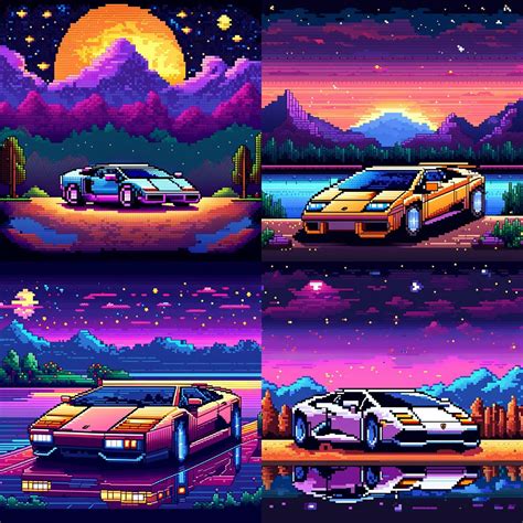 Pixel-Art of a Lamborghini car in a beautiful stary night scenery, 8-BIT 16-BIT pixels, striking ...