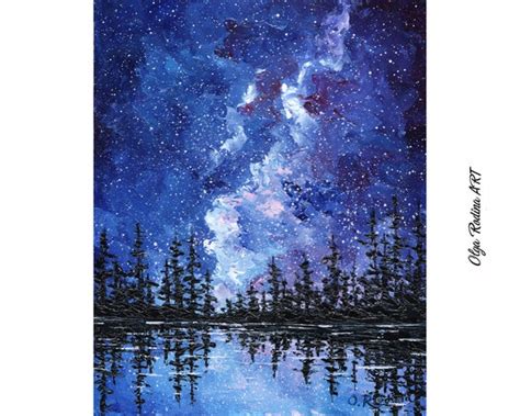 Lake Night Sky Painting Original Nocturne Painting Starry Night Milky ...