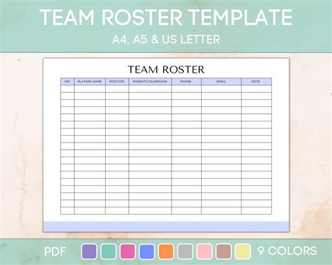 Team Roster Printable, Editable Sports Roster, Printable Soccer Team Roster, Softball Roster ...