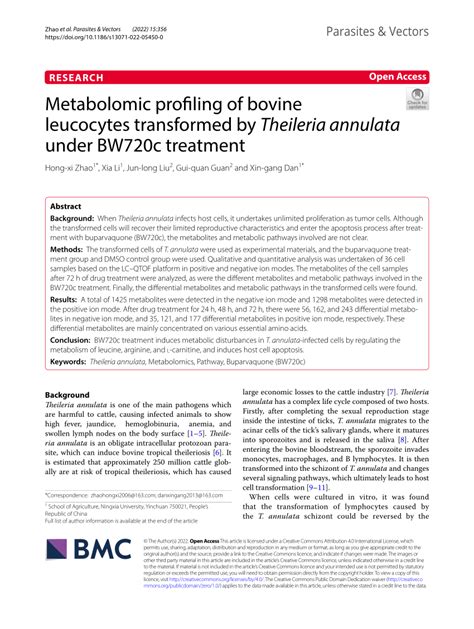 (PDF) Metabolomic profiling of bovine leucocytes transformed by Theileria annulata under BW720c ...