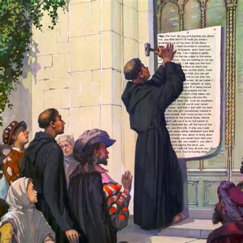 Martin Luther nailing his 95 theses to the door of Wittenberg Castle church : r/dankchristianmemes