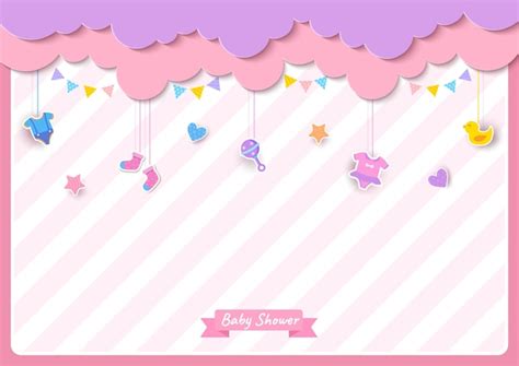 Premium Vector | Baby shower card with clothes and toy on pink background